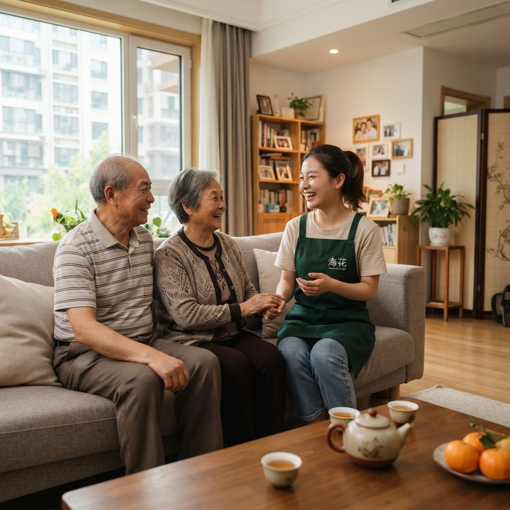 护理人员陪伴社区老人散步